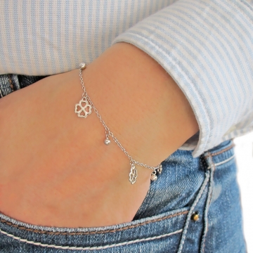 Stříbrný náramek se zavěšenými kuličkami a čtyřlístky Rhodium 16+3cm