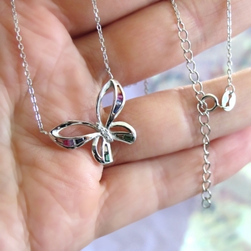 Stříbrný náhrdelník BAREVNÝ MOTÝL se zirkony 2,90g Rhodium 49+5cm